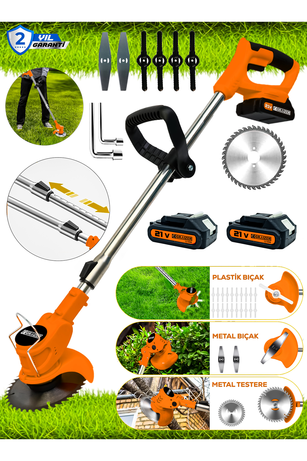Graizer T 21 V 5 Ah Çift Akülü Ot Çim Çalı Biçme Kesme Makinesi