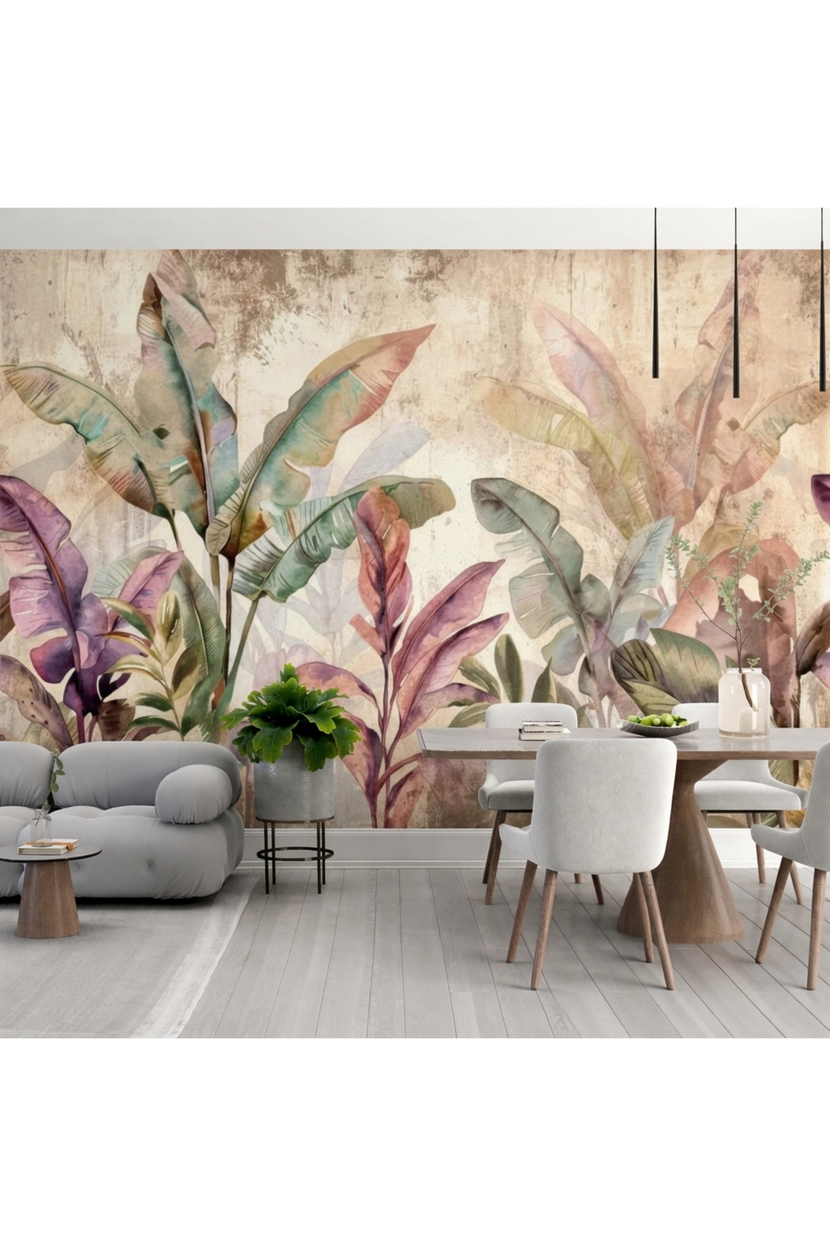 Pastel Tropical Leaves Wallpaper . Modern Living Room & Bedroom Wall Decor
