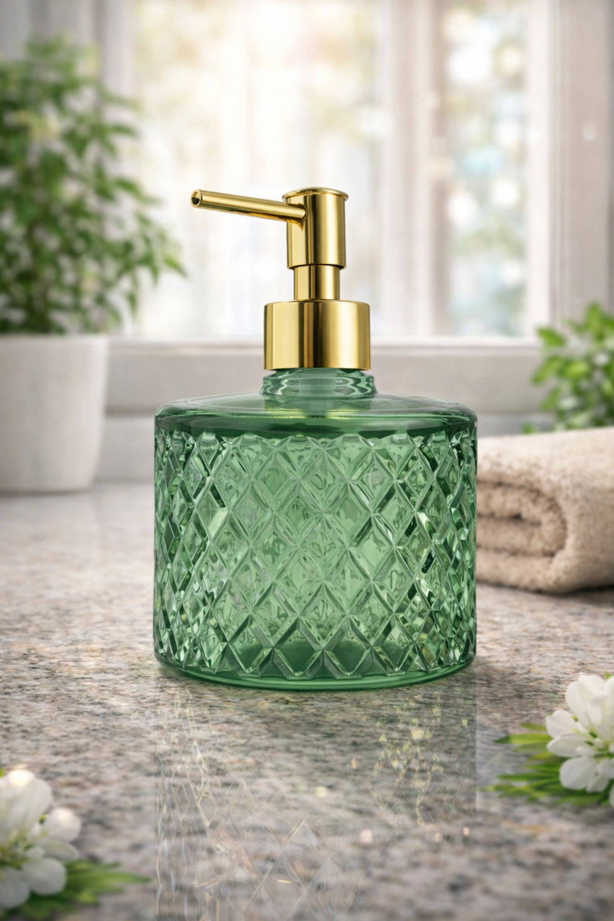 Crystal Glass Liquid Soap Dispenser - Mint Green • Countertop Sink Dishwasher for Bathroom & Kitchen Gold Detailed