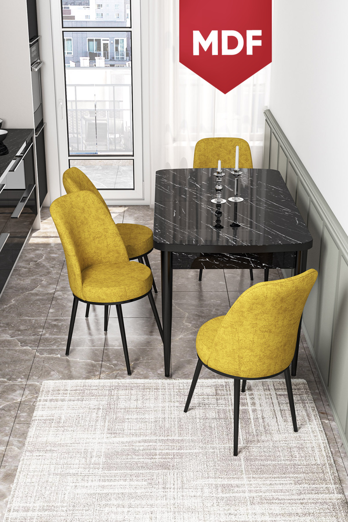 Kor Series 70x114 MDF Retractable Kitchen Table Set Black Marble Pattern Table 4 Mustard Chair