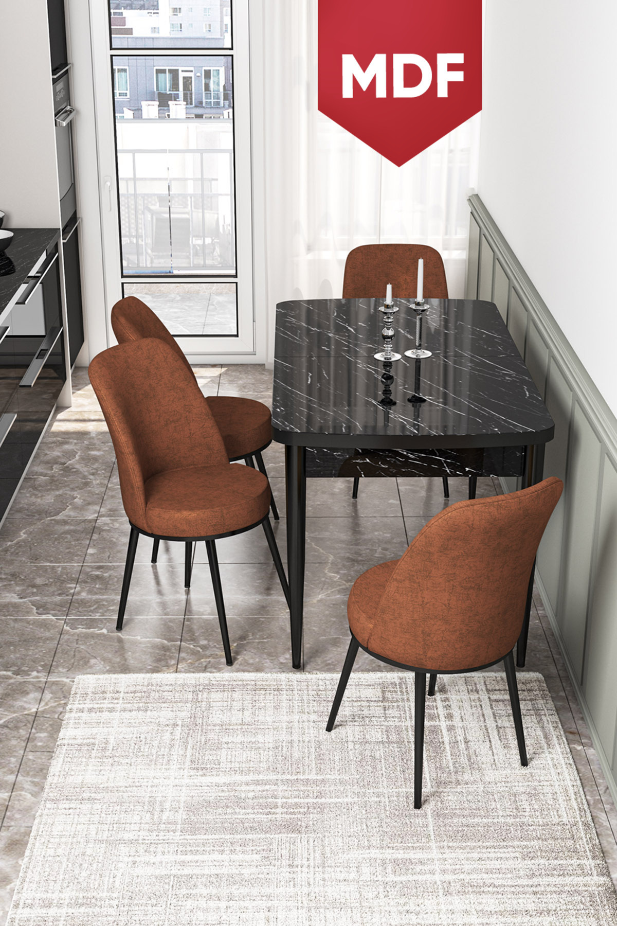 Kor Series 70x114 MDF Extendable Kitchen Table Set Black Marble Pattern Table 4 Tile Chair