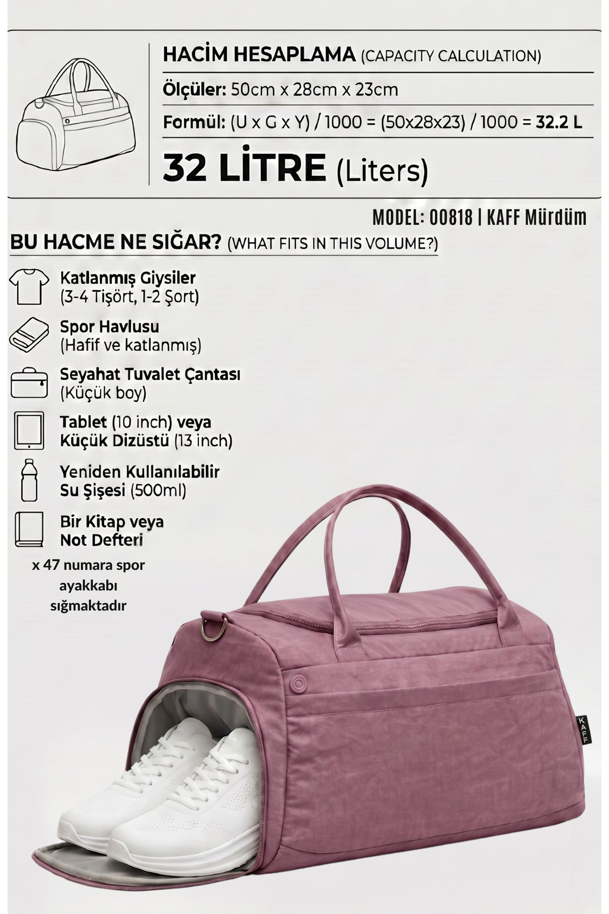 KAFF  Mürdüm Krinkıl Kumaş Ayakkabı Bölmeli 0818 Önü Cepli Su Geçirmez Omuz Askılı Spor Ve Seyahat Çantası