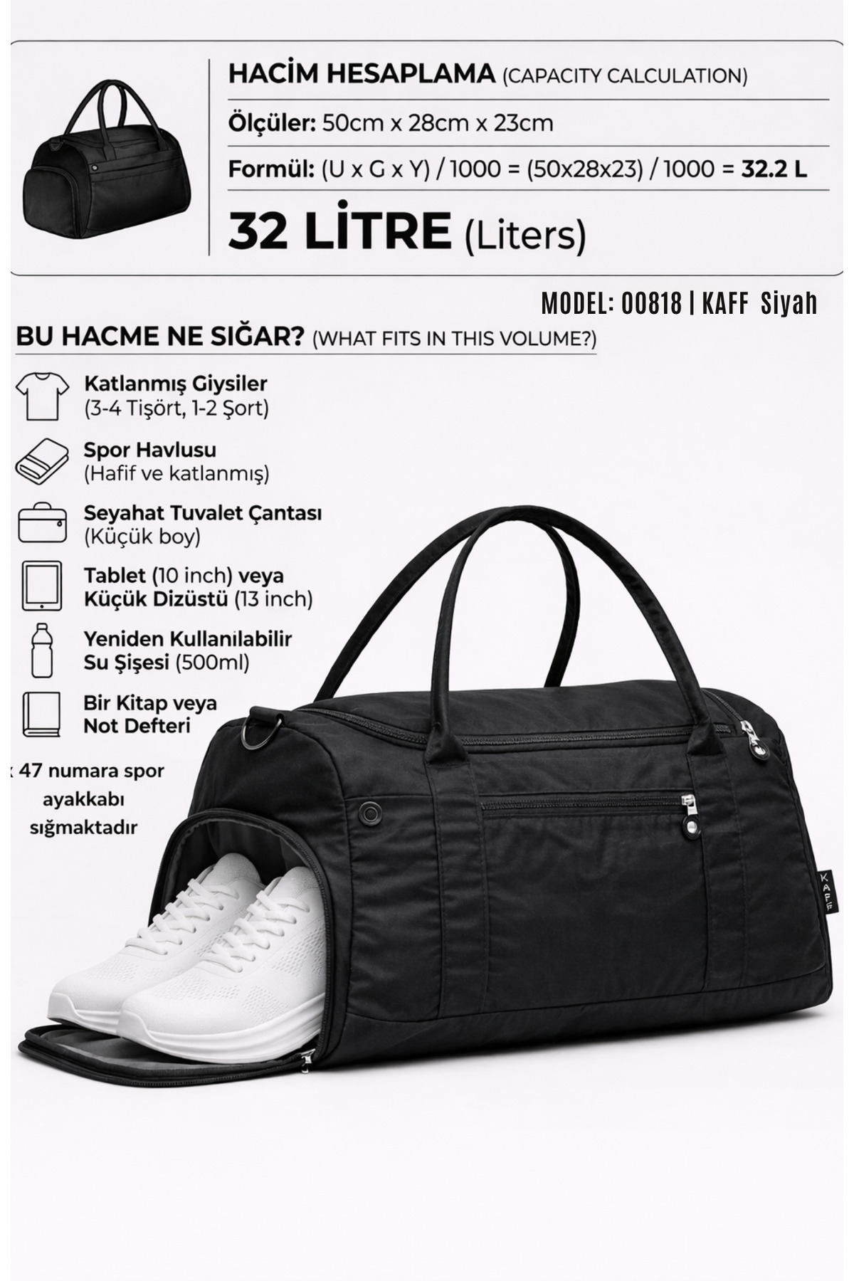 KAFF  Siyah Krinkıl Kumaş Ayakkabı Bölmeli 0818 Önü Cepli Su Geçirmez Omuz Askılı Spor Ve Seyahat Çantası