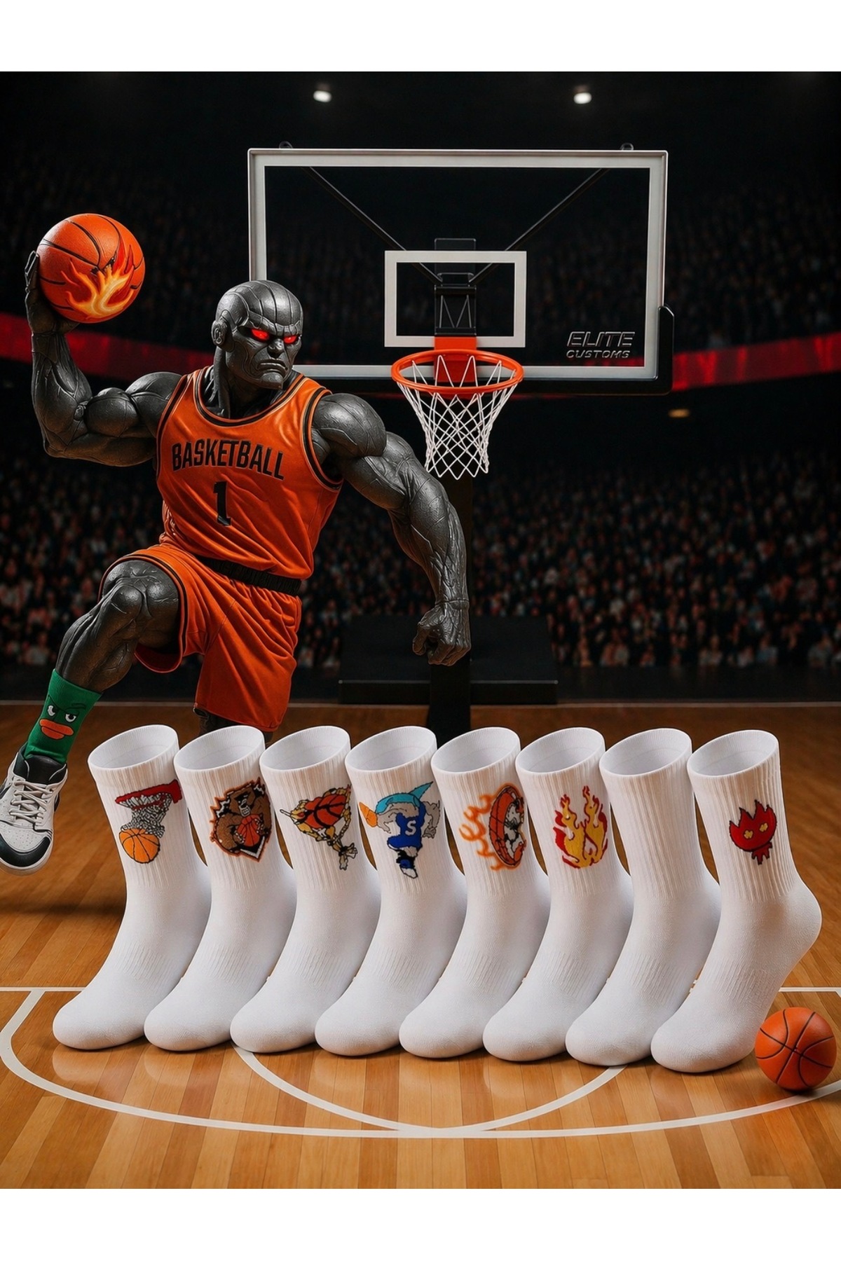 8'Pair Basketball Themed Cotton Combed Cotton Cheerful College Tennis Socks