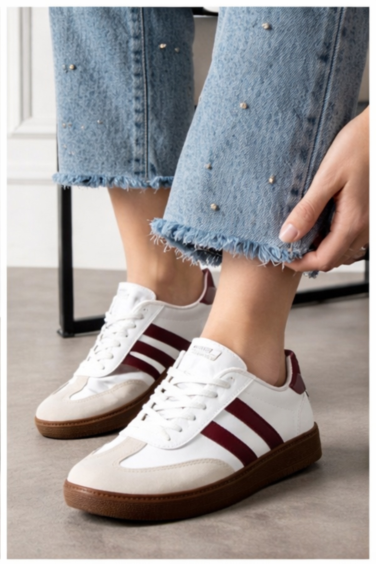 eformoda by emre yılmaz Beyaz Bordo Unisex Kadın Erkek Şeritli Rahat Taban Günlük Sneaker Spor Ayakkabı Sm03 görsel 4