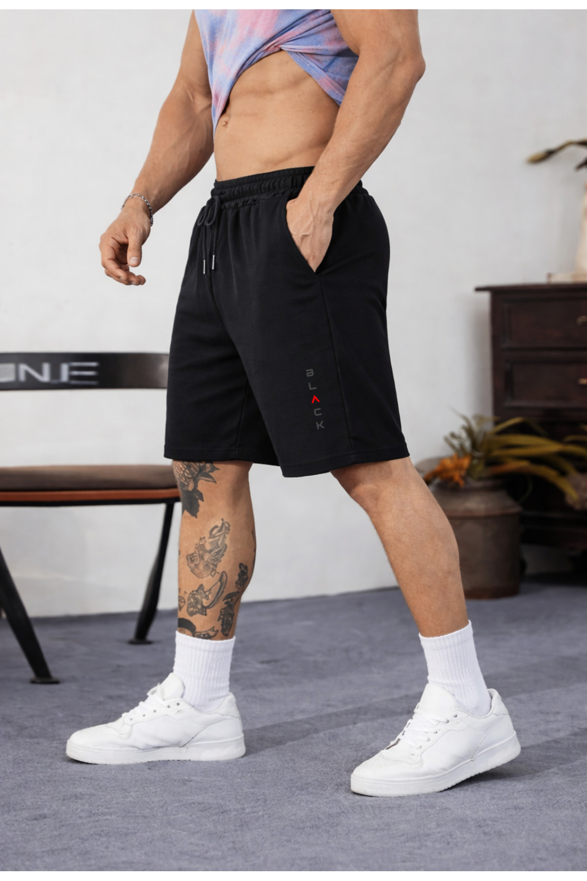 Relax family xf  Erkek Siyah Penye Biyeli Penye Şort Basketbol Futbol Fitness Spor Egzersizi Koşu Bermuda - Görsel 3