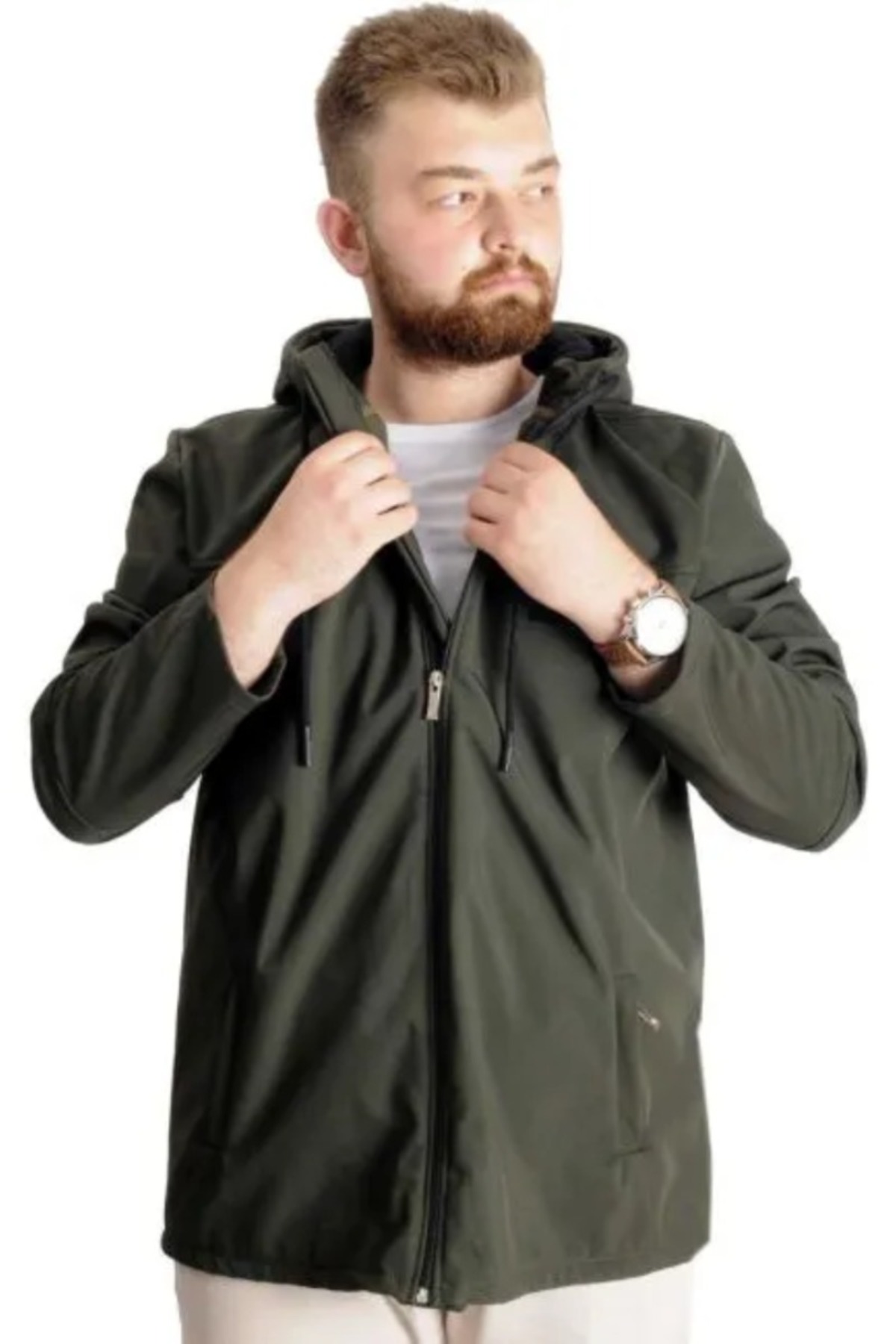 ModeXL Büyük Beden Erkek Kapüşonlu Mont Waterproof Softshell 21235 Haki