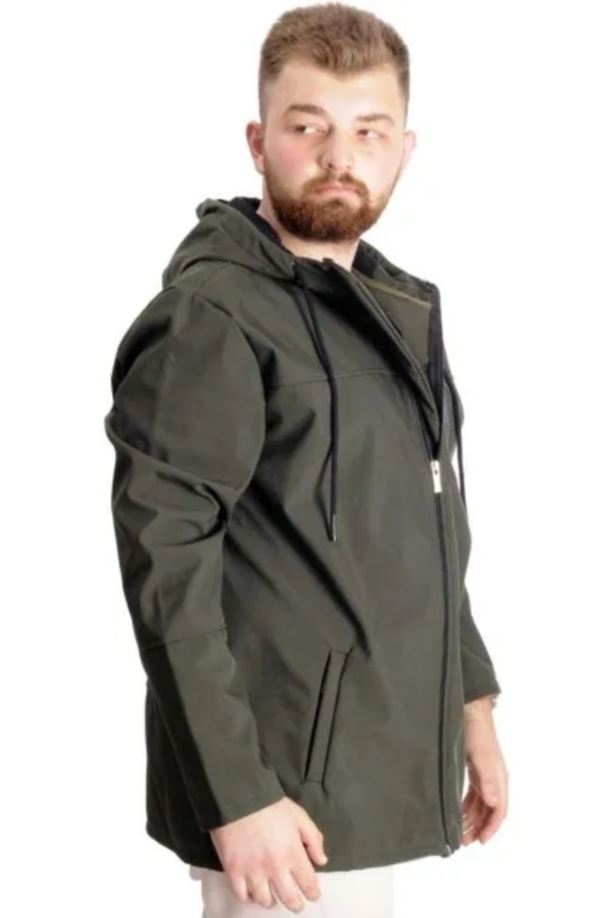 ModeXL Büyük Beden Erkek Kapüşonlu Mont Waterproof Softshell 21235 Haki görsel 2