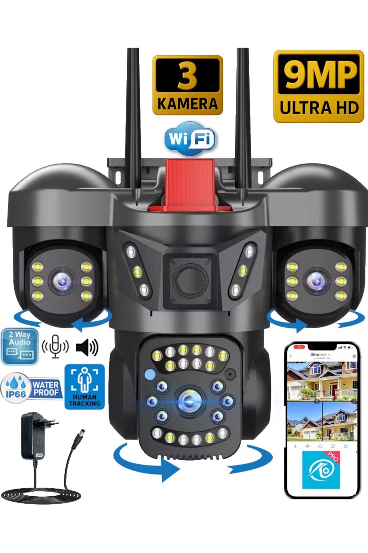Okam Pro 5011 Wireless 3 Lens Wi-Fi Security Camera 12v Adapter Gift
