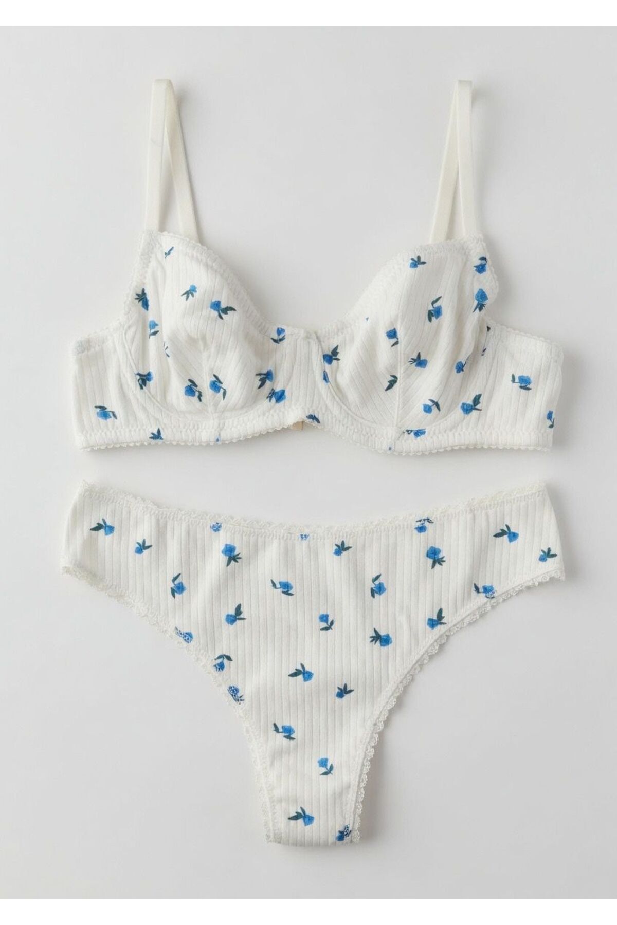 dem merys  Miniş mavi ÇİÇEK Desenli Balenli Pamuklu Penye Sütyen Takım (Sütyen Kilot)