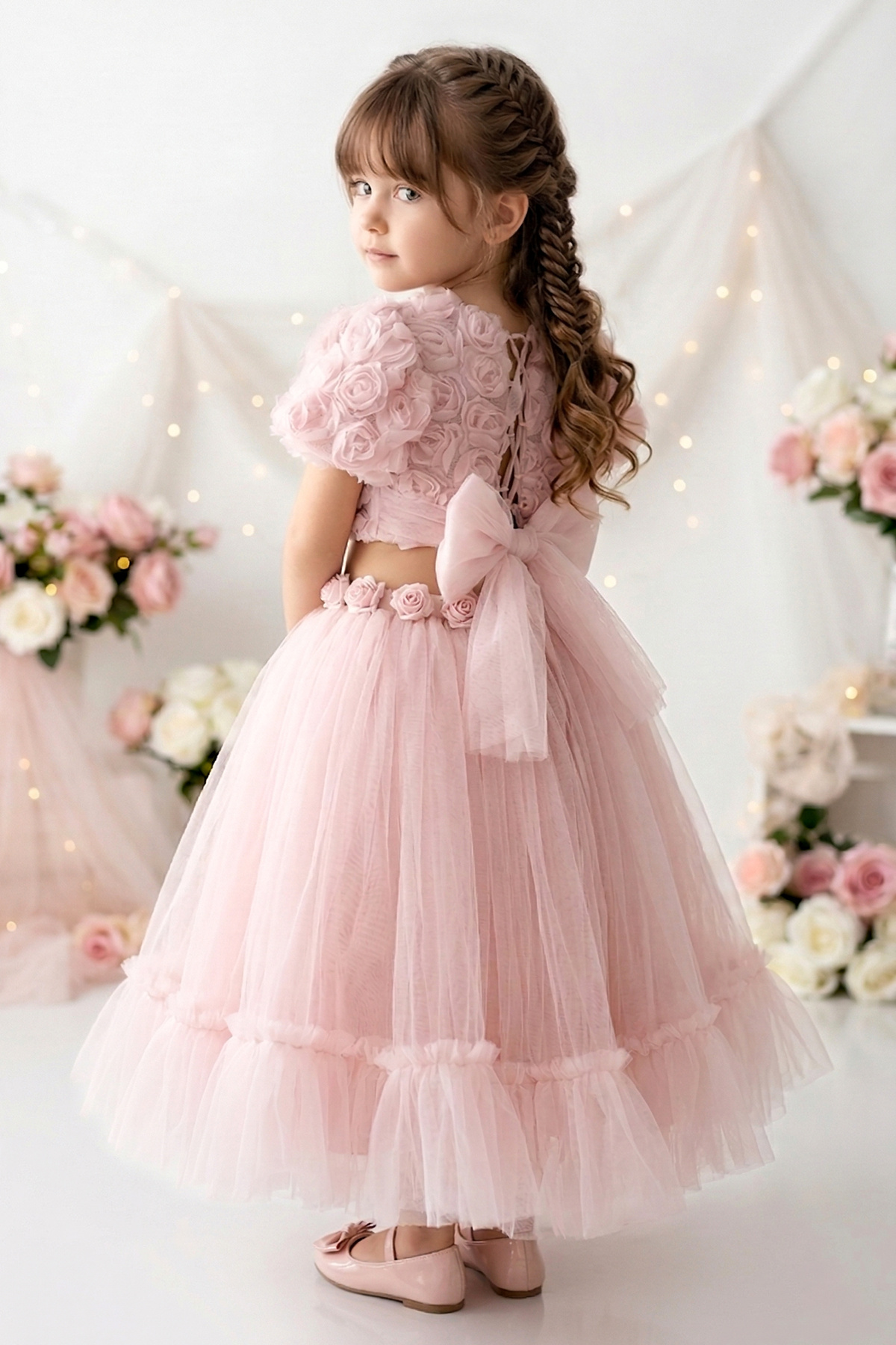 Baby Girl Kids Birthday Party Wedding Dress 2pcs Set Short Sleeve Rose Bow Tulle Tutu Hangers
