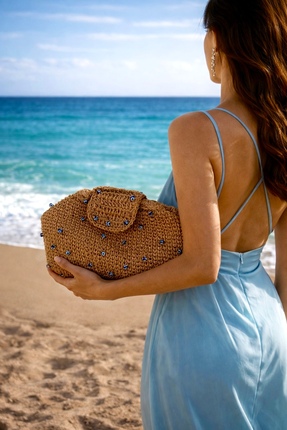 liore dünyası Renkli Bohem El Örgüsü Clutch Çanta – Ahşap Tokalı Kadın El Çan...