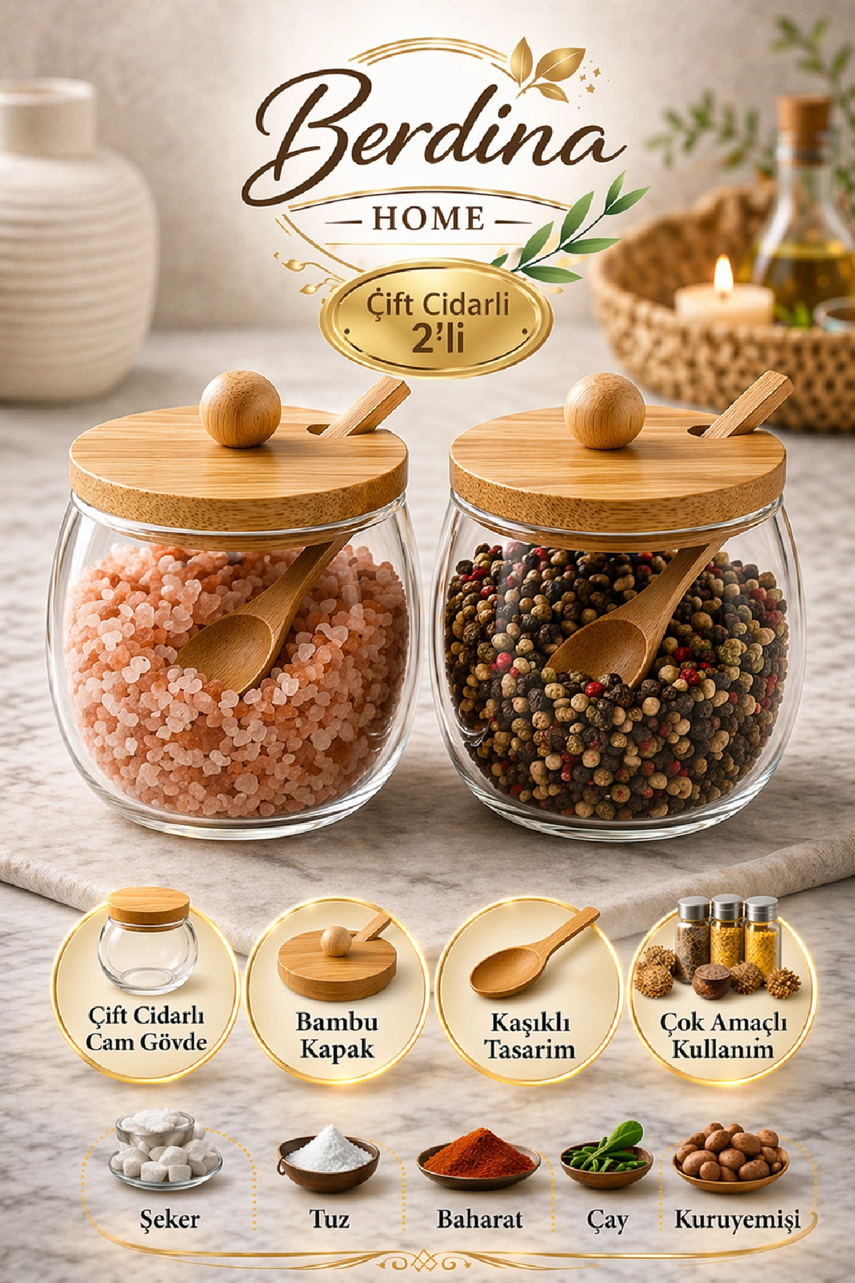 Berdina Home 2'li Çift Cidarlı Cam Kase Bambu Kapaklı Kaşıklı
