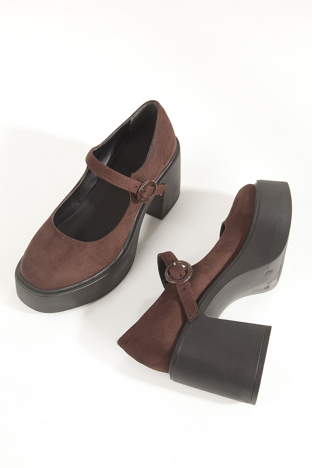 Dark Brown Suede Mary Jane Shoes Thick Platform Heeled Sandals BİZA
