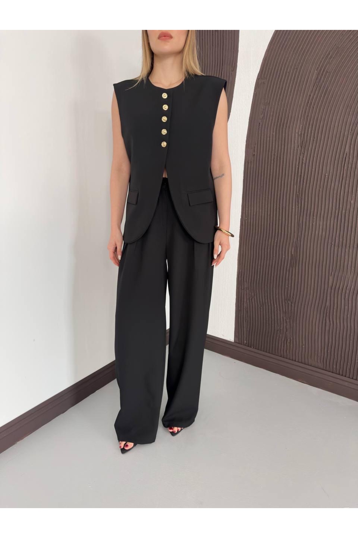 Half Button Design Vest Pants 2pcs Set