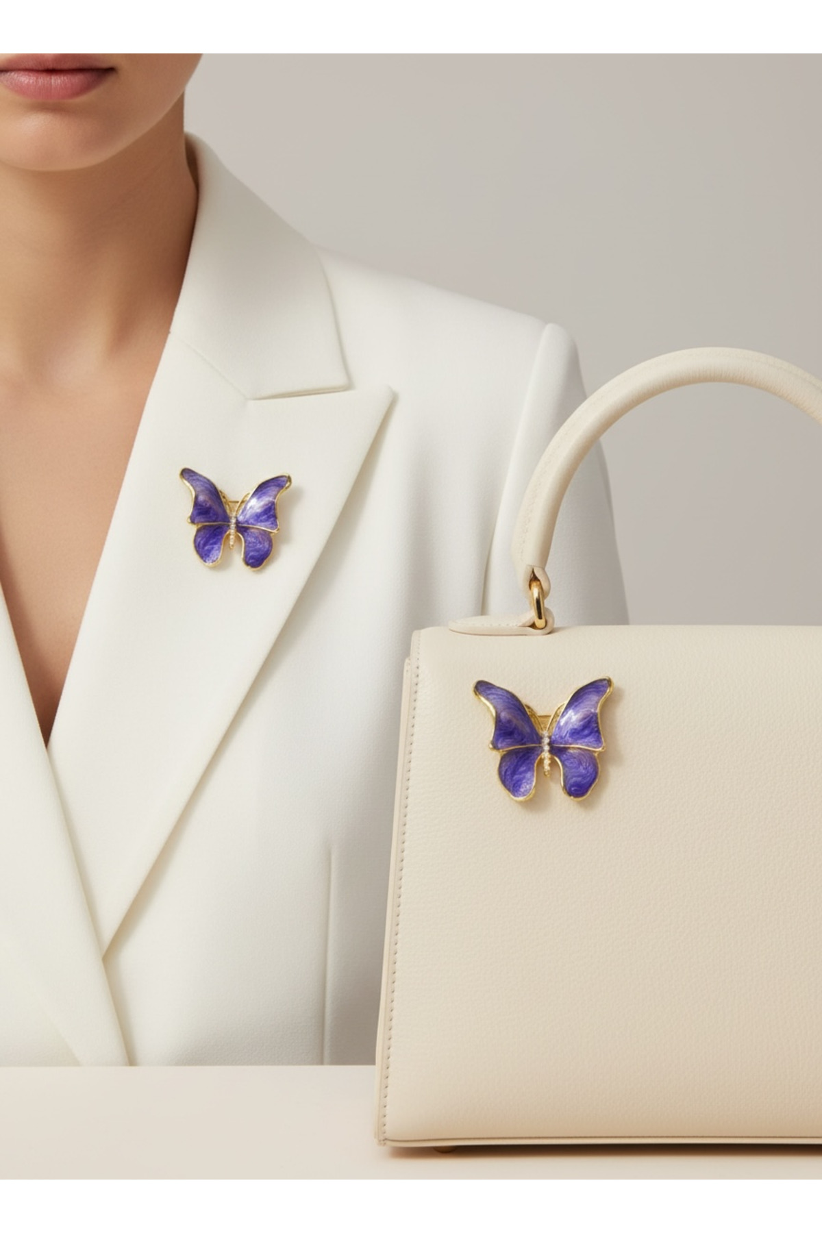 Pearl Detailed Butterfly Brooch Natural Luminous Purple Lilac