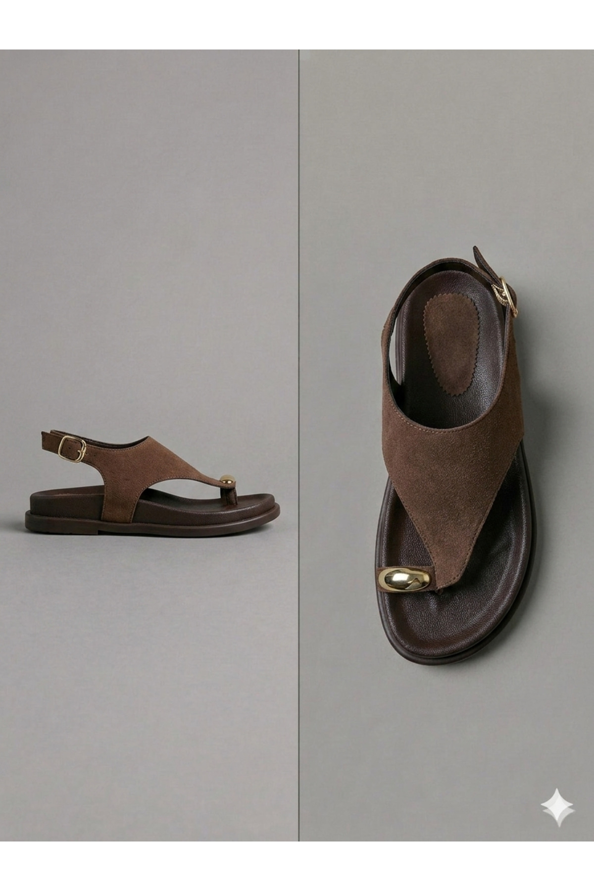 NUVE SHOES Kadın Süet Deri Günlük Parmak Arası Gold Tokalı Sandalet Kahverengi