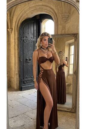 Eloraco İnce Askılı Çift Yırtmaçlı Kuşgözü İp Detaylı Sexy Uzun Elbise