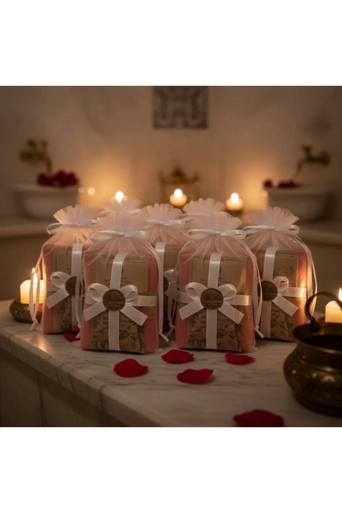 Bridal Bath Set Peshtemal,Heel Stone,Silk Pouch,Soap, Customizable Special Package with Tulle-15