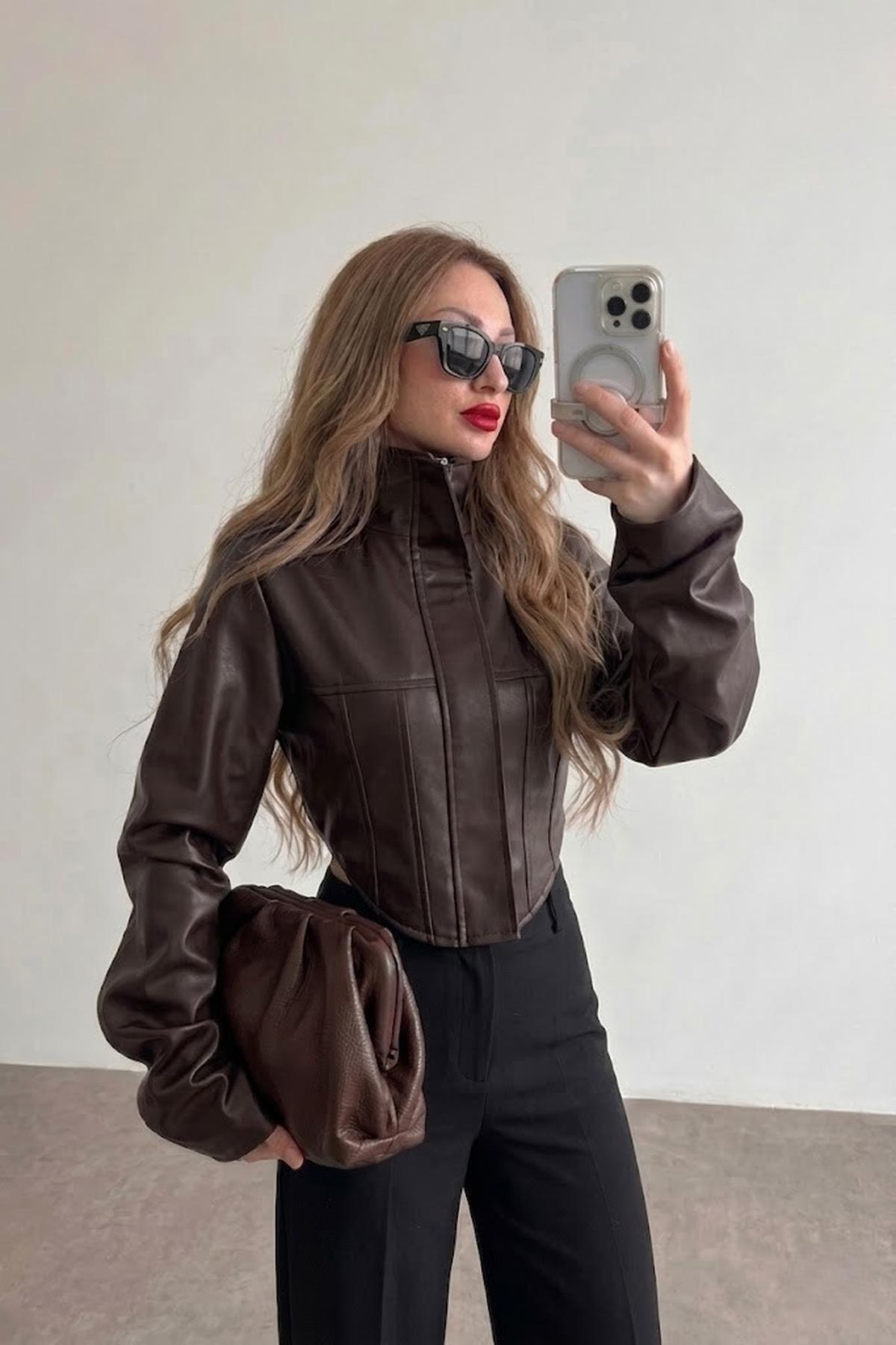 Jaglion New Season Dik Yaka Korse Motorcu Crop Kadın Siyah Deri Ceket