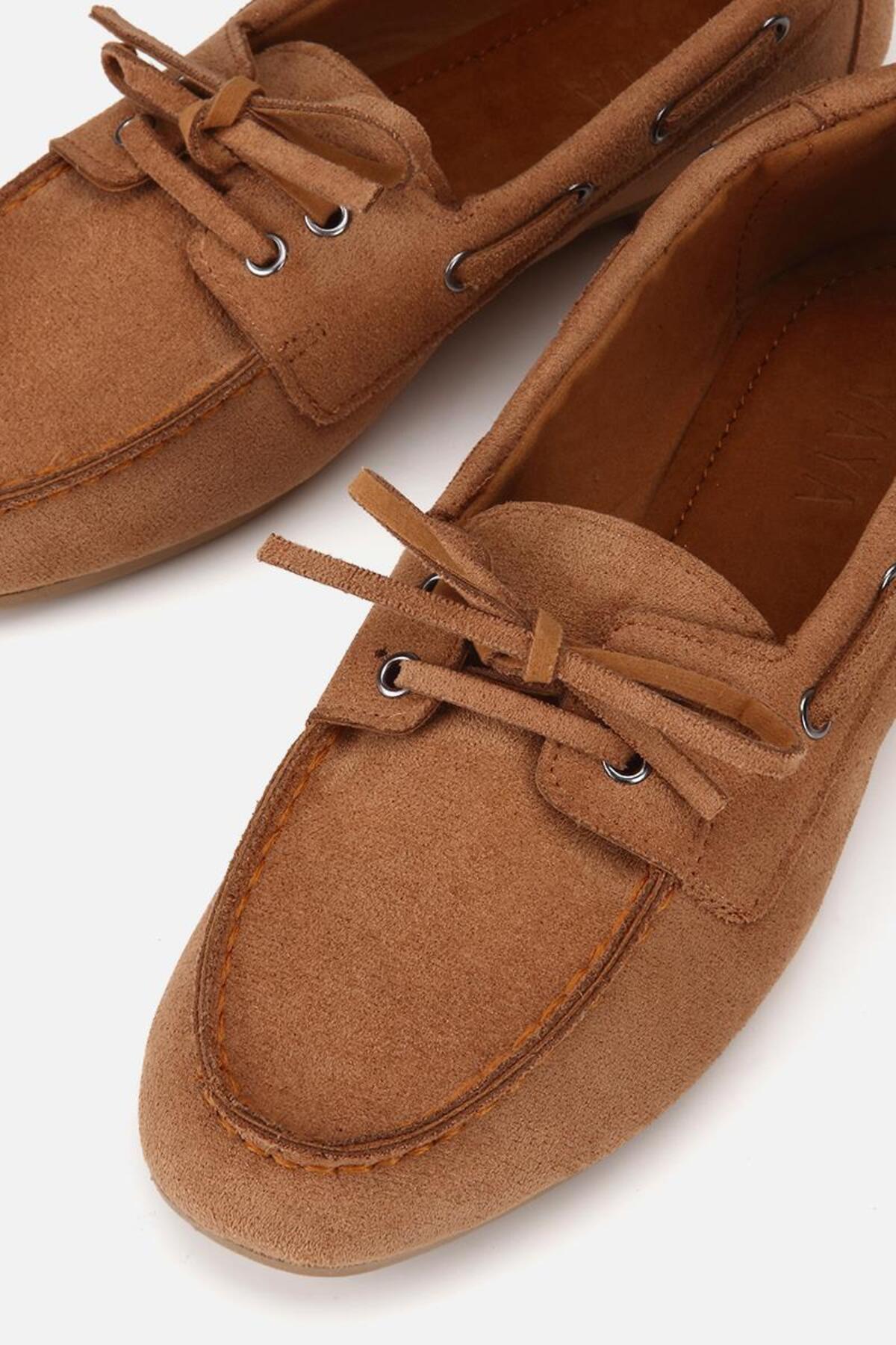 Yaya by Hotiç Kadın Taba Süet Bağcıklı Dikiş Detaylı Loafer görsel 4
