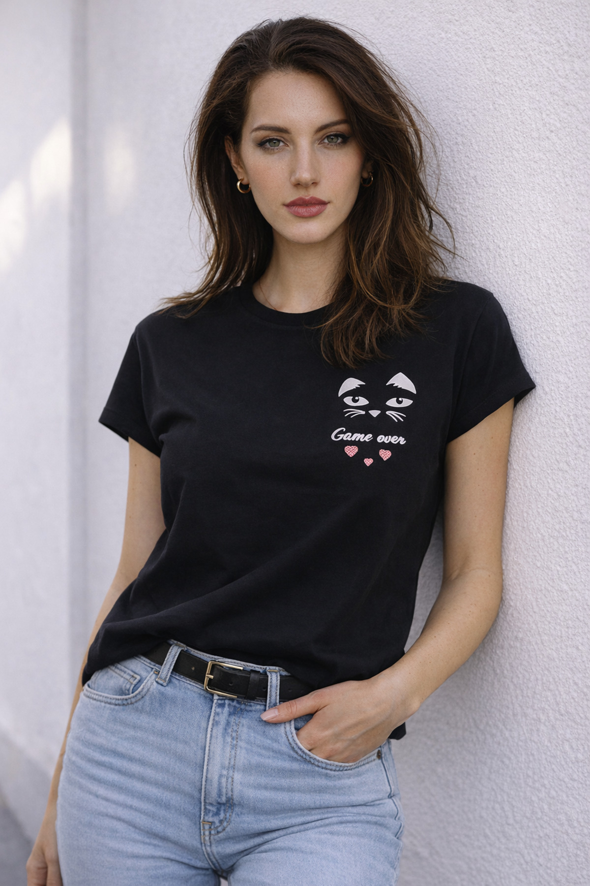Women's Crew Neck Game Over Cat Printed Regular Fit T-Shirt Black