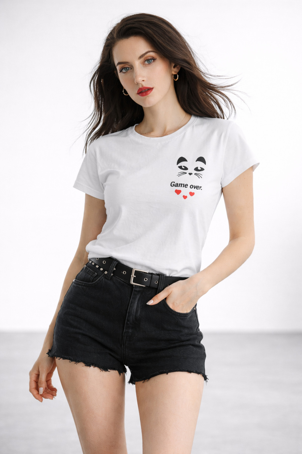 Women's Crew Neck Game Over Cat Printed Regular Fit T-Shirt White