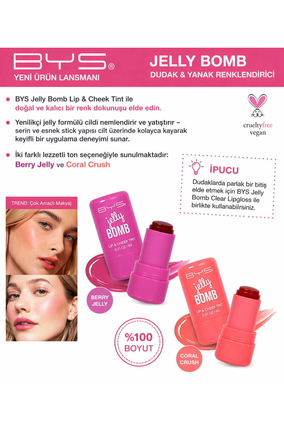 BYS Jelly Bomb Lip & Cheek Tint Berry Jelly (Böğürtlen)–Dudak & Yanak İçin Yoğun Renk Veren Tint — قرمز 9313880629263 — تصویر 6 از 6