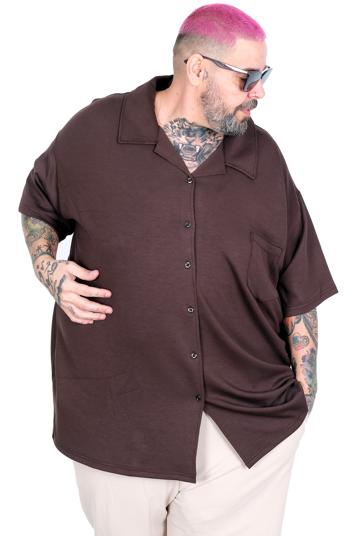 ModeXL Mode XL Büyük Beden Gomlek Apas Yaka Kısa Kol U26380 KAHVERENGİ görsel 4