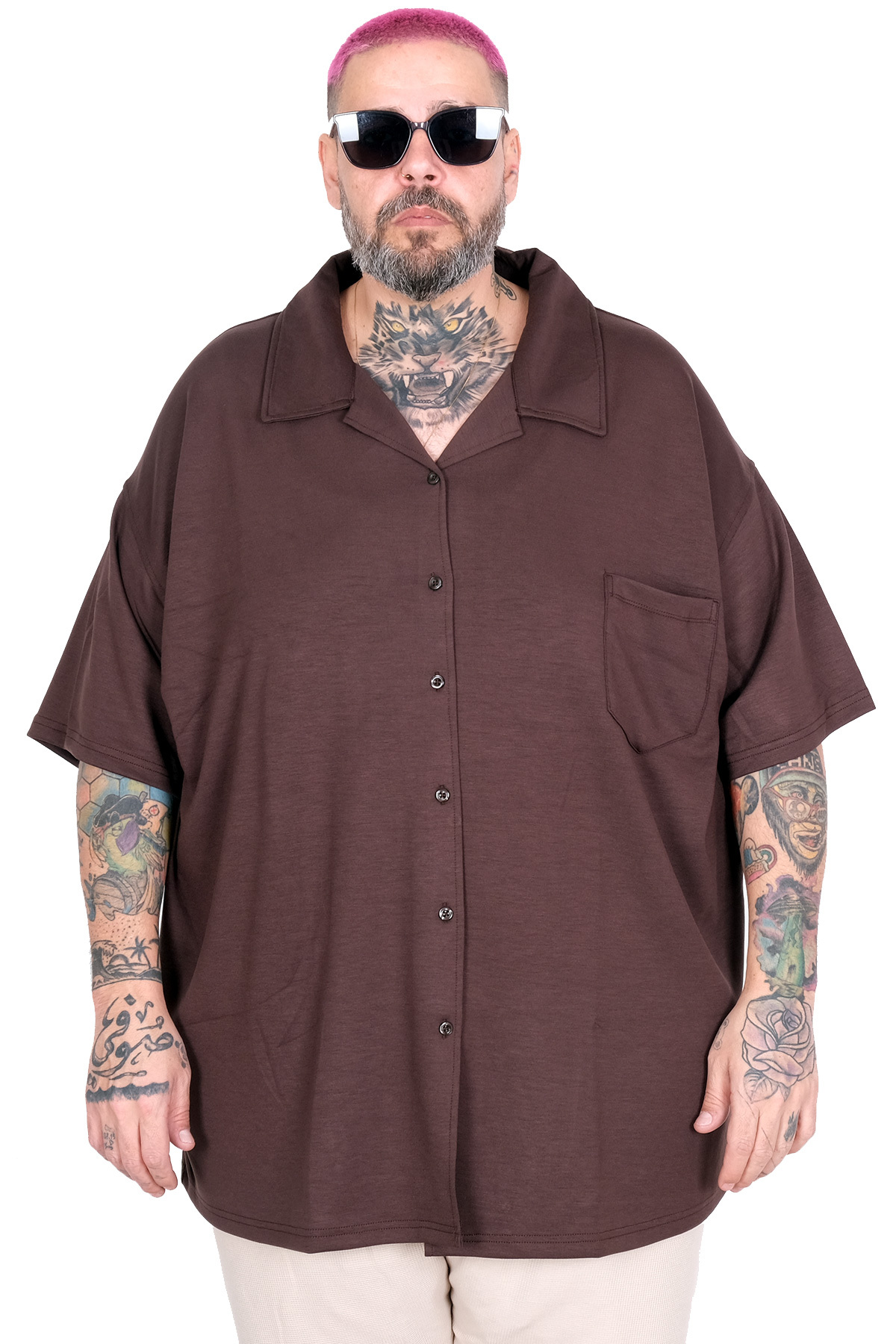 ModeXL Mode XL Büyük Beden Gomlek Apas Yaka Kısa Kol U26380 KAHVERENGİ