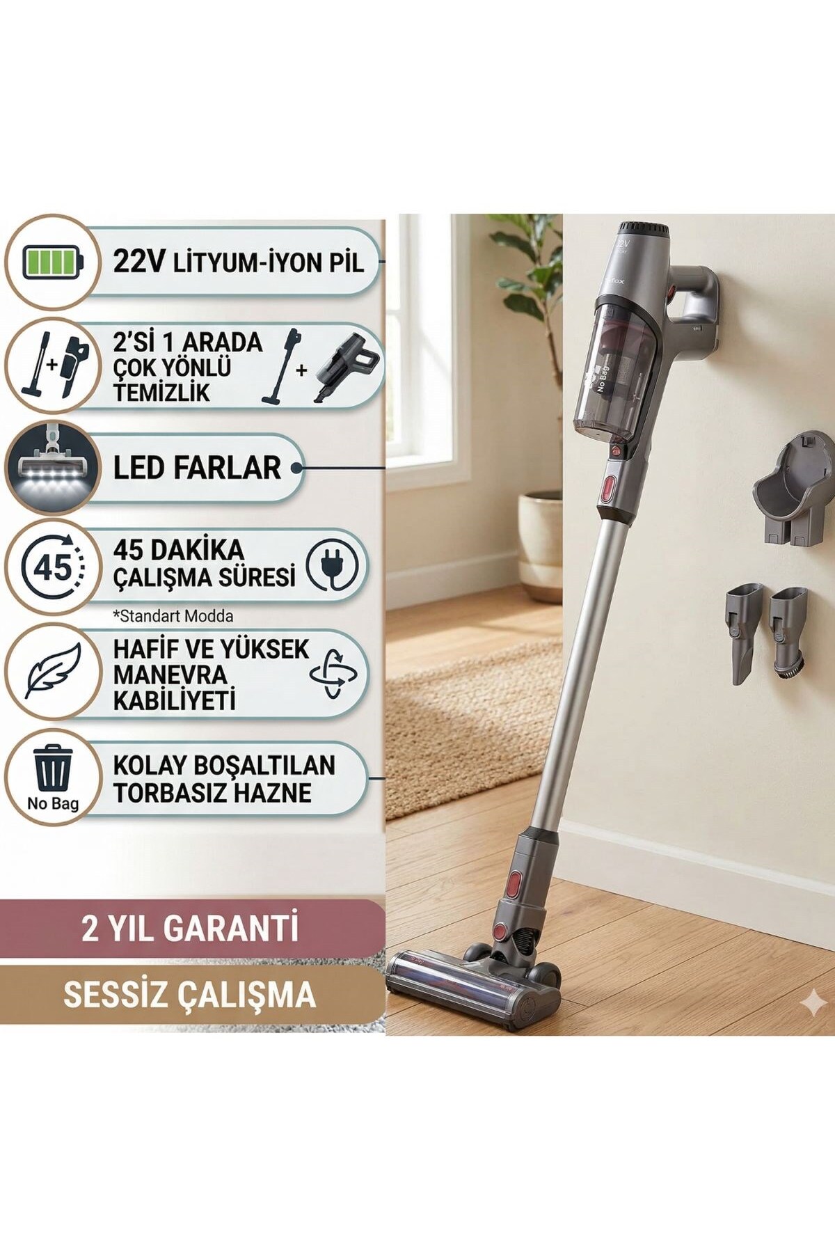 TEFAL Turbo Başlıklı 2.2 Kg Ultra Hafif Gövdeli Kablosuz Dikey Süpürge 22 Volt Lityum Bataryalı 45DK
