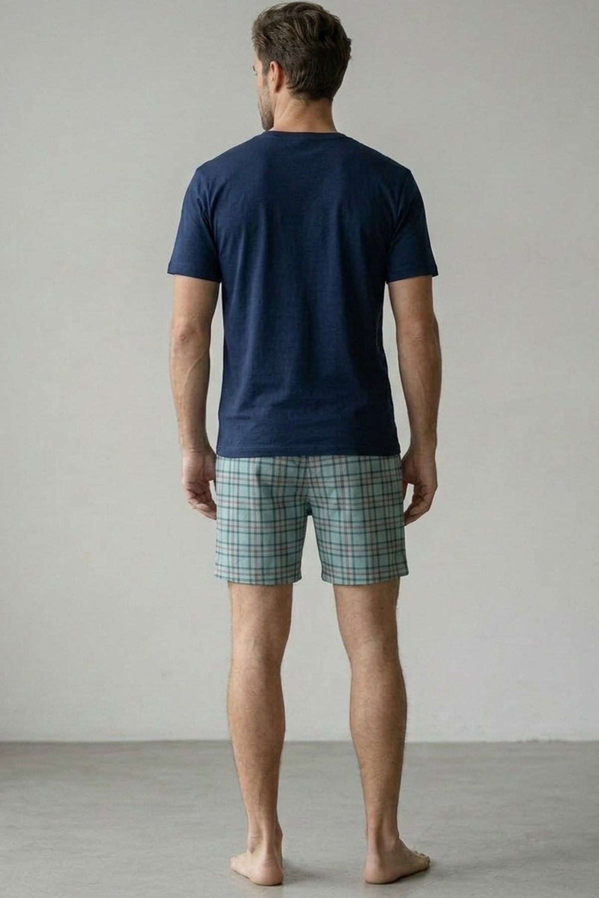 Siyah İnci  LACİVERT yeşil Ekose Desenli Baskılı Örme Kısa Kollu Şortlu Pijama Takım 8005 - Görsel 3