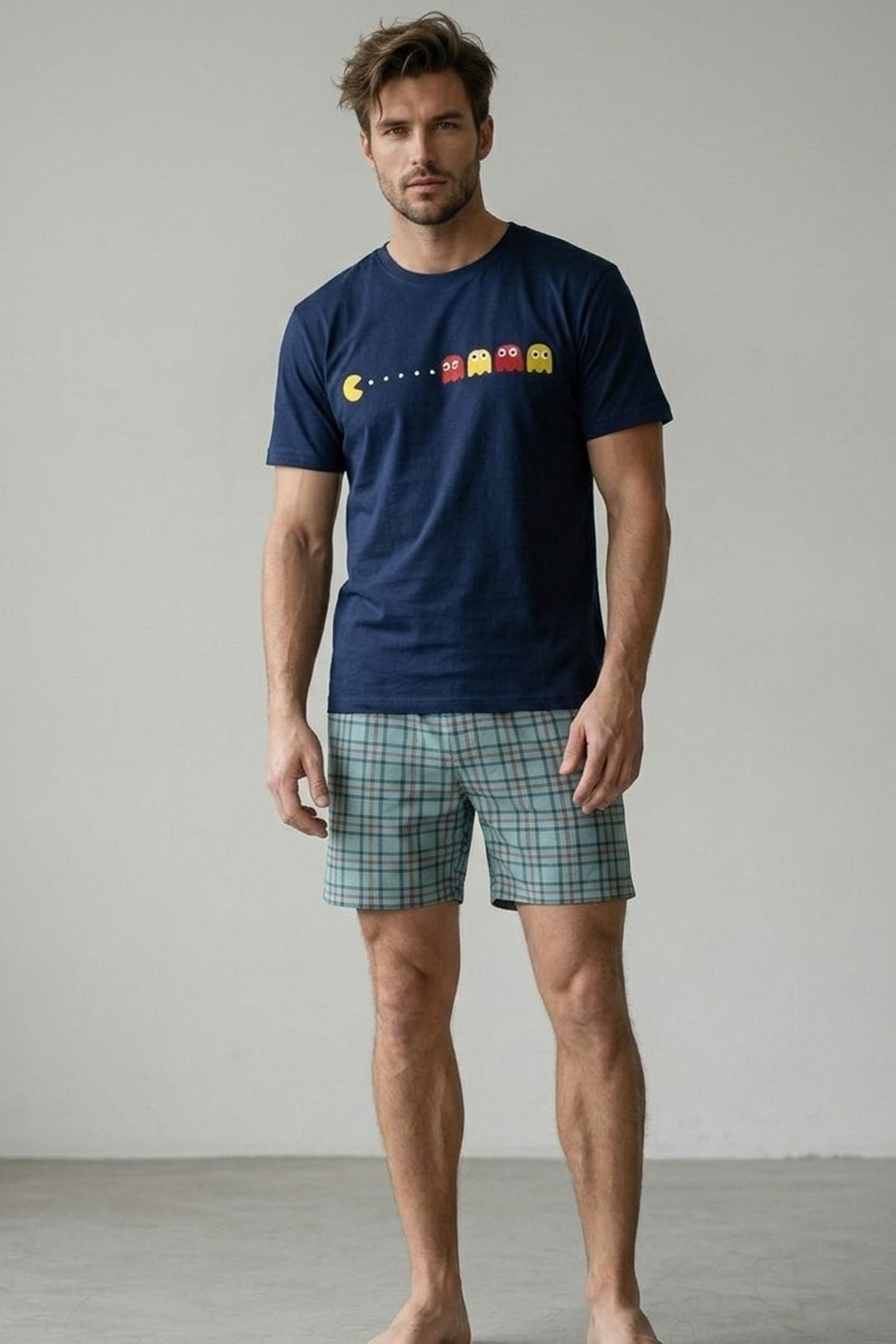Siyah İnci  LACİVERT yeşil Ekose Desenli Baskılı Örme Kısa Kollu Şortlu Pijama Takım 8005 - Görsel 2
