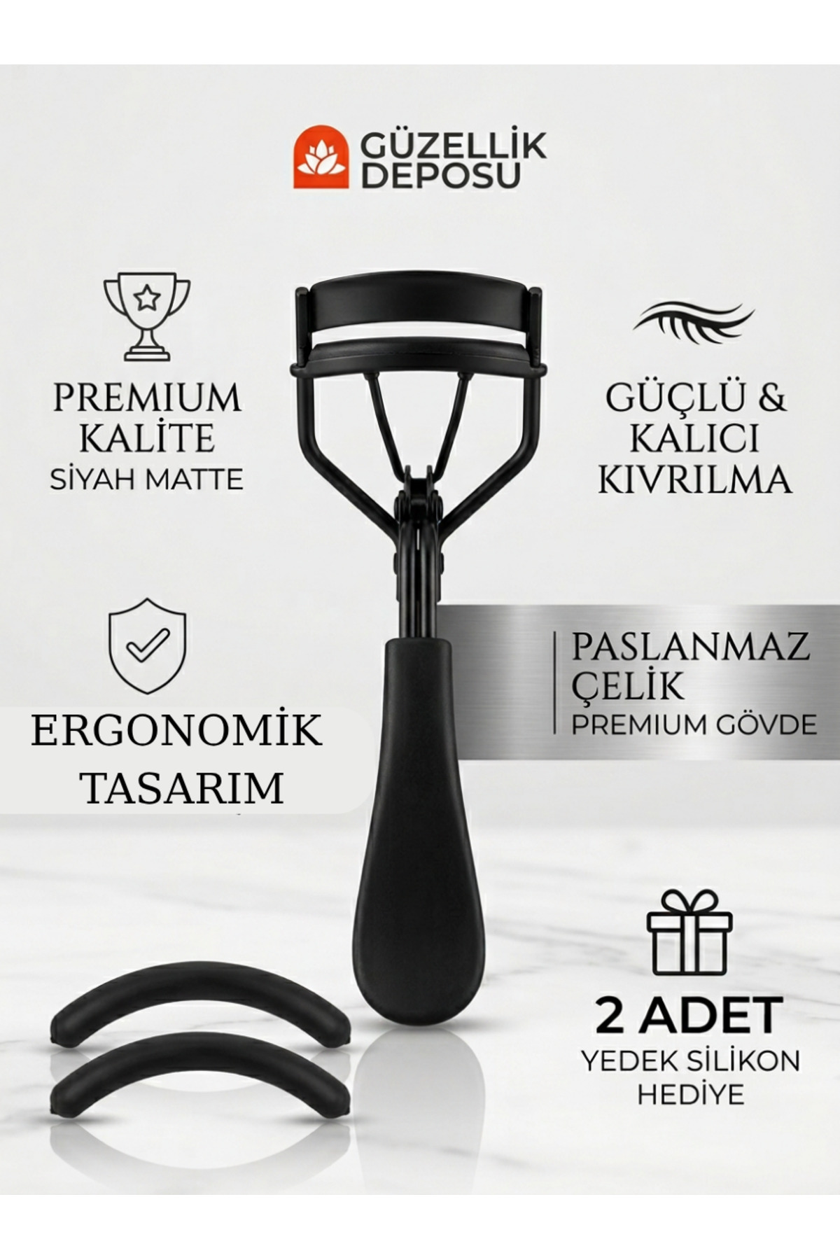 Premium Mat Siyah Kirpik Kıvırıcı - Paslanmaz Çelik Kirpik Şekillendirici + 2 Yedek Silikon Hediye — مشکی GZLKVRCI55 — تصویر 2 از 2