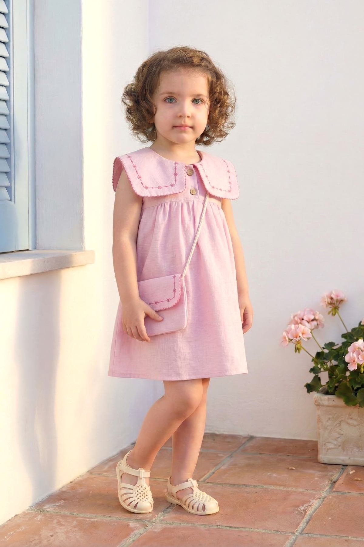 Minipodyum Kız Bebek Yakası Nakışlı Çantalı Elbise Pembe