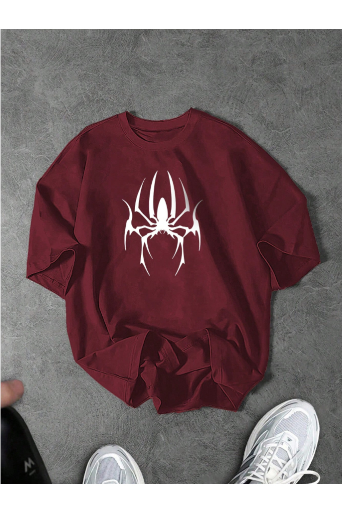Revasser Unisex Kadın/Erkek SPİDER Özel Baskılı Oversize Penye Bisiklet Yaka T-Shirt
