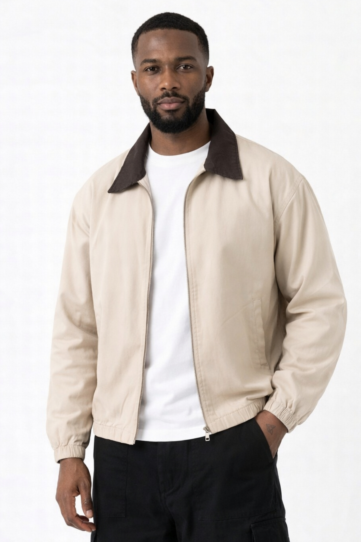 Gizrain  Erkek Bej Gabardin Ceket Oversize Siyah Yaka Detaylı Rahat Kalıp Beli Lastikli