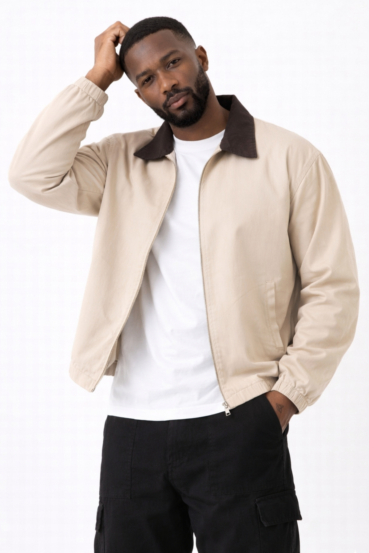 Gizrain  Erkek Bej Gabardin Ceket Oversize Siyah Yaka Detaylı Rahat Kalıp Beli Lastikli - Görsel 3