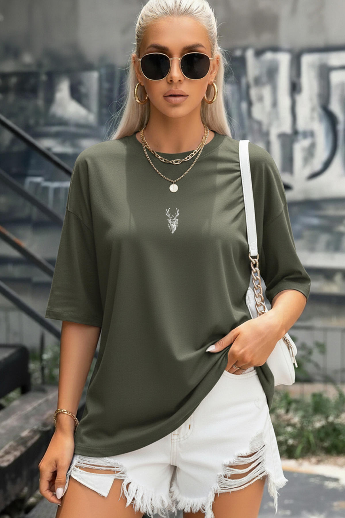 Women's Khaki Green Deer Oversized Salad Boyfriend T-shirt