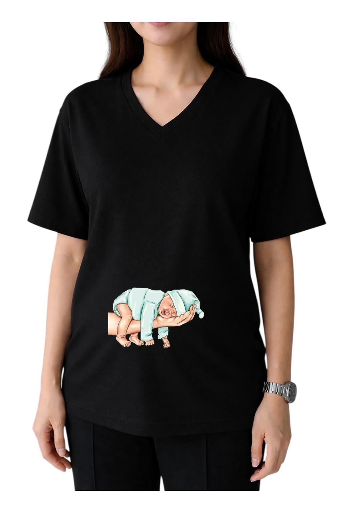 HANDMADE BABY PRINTED V-NECK OVERSIZED MATERNITY TEE 1GJ6