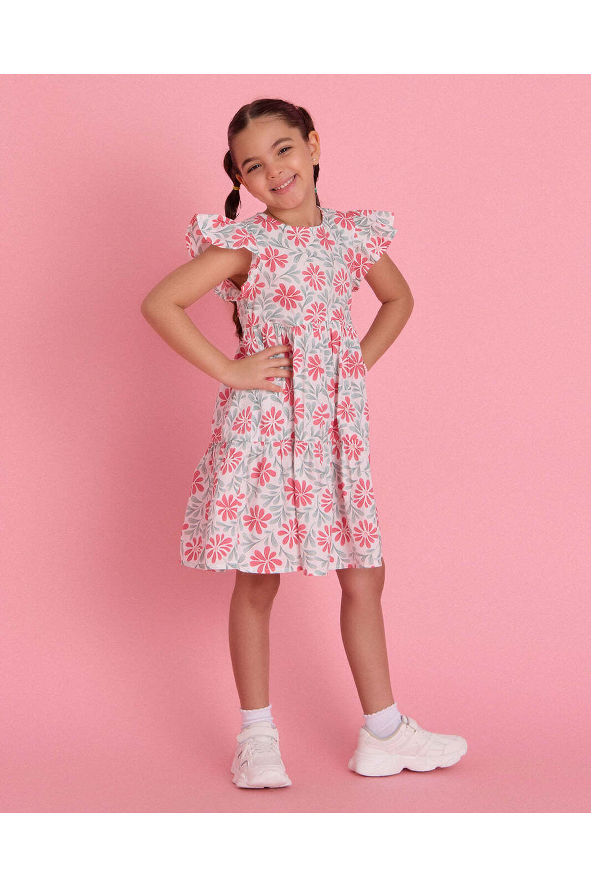REDTAG Girls White Floral Frill Sleeve Dress
