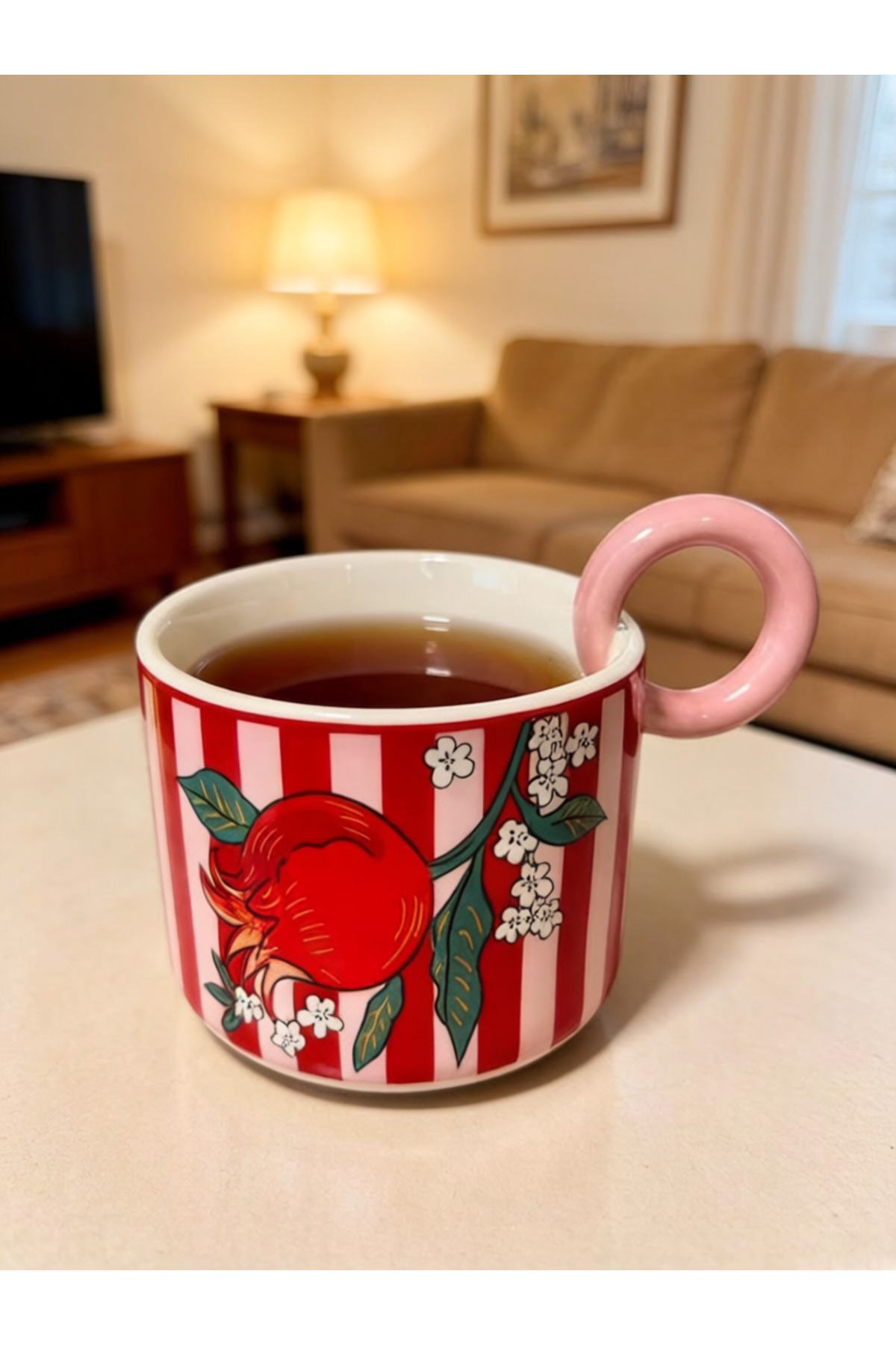 370 ml Pembe Kulplu Kupa Narlı | Dekoratif Kahve ve Çay Bardağı