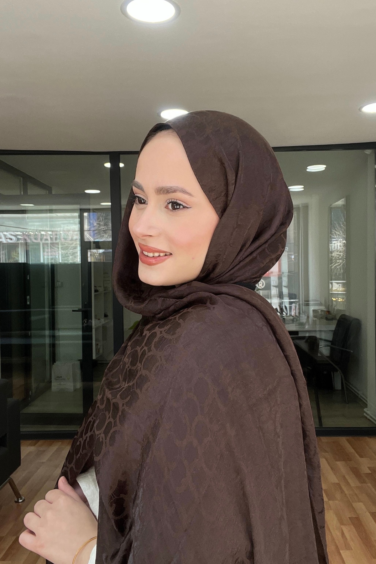 YILDIZ SCARFS Premium Jakar Şal Halka Desen - Acı Kahve görsel 3