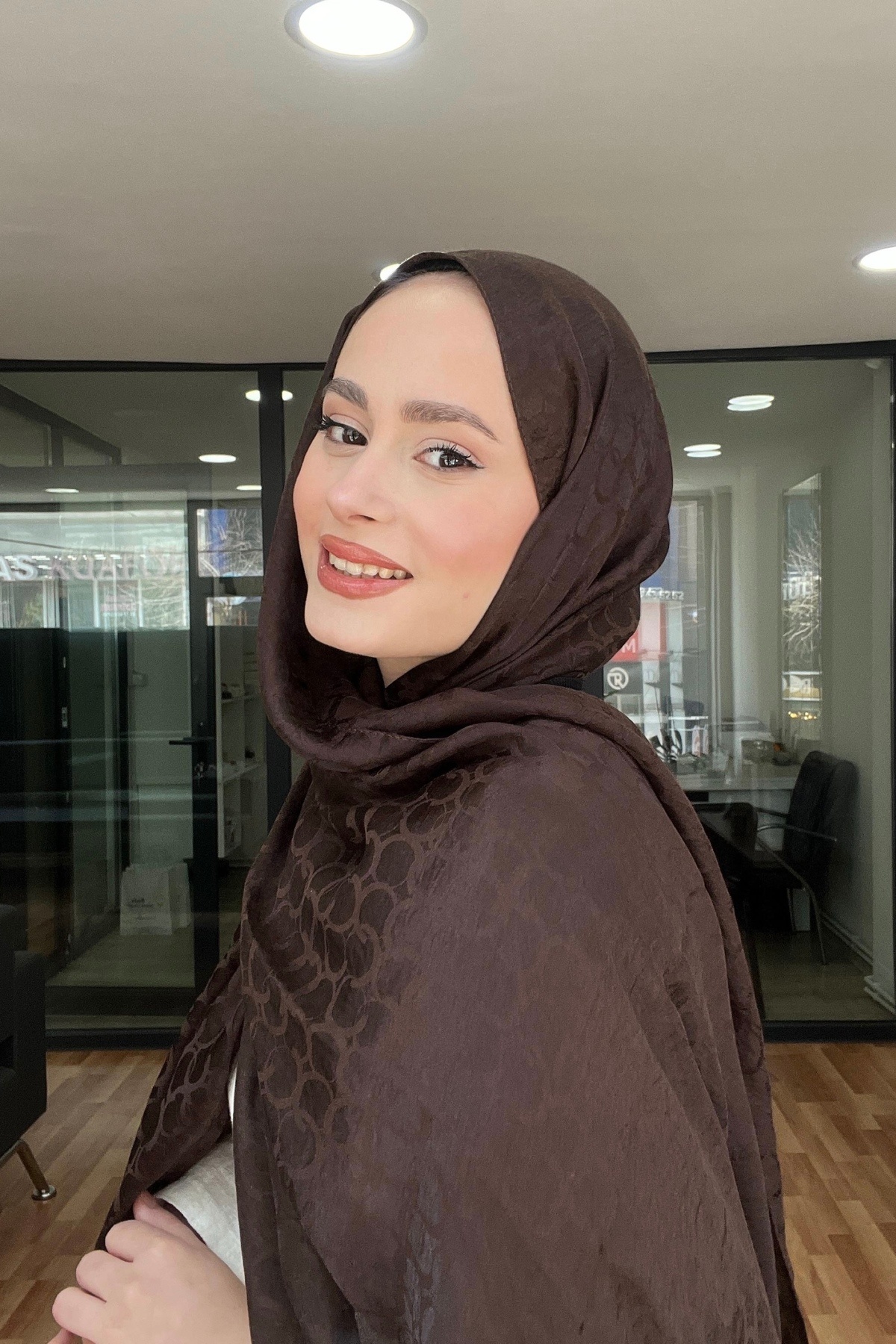 YILDIZ SCARFS Premium Jakar Şal Halka Desen - Acı Kahve görsel 2
