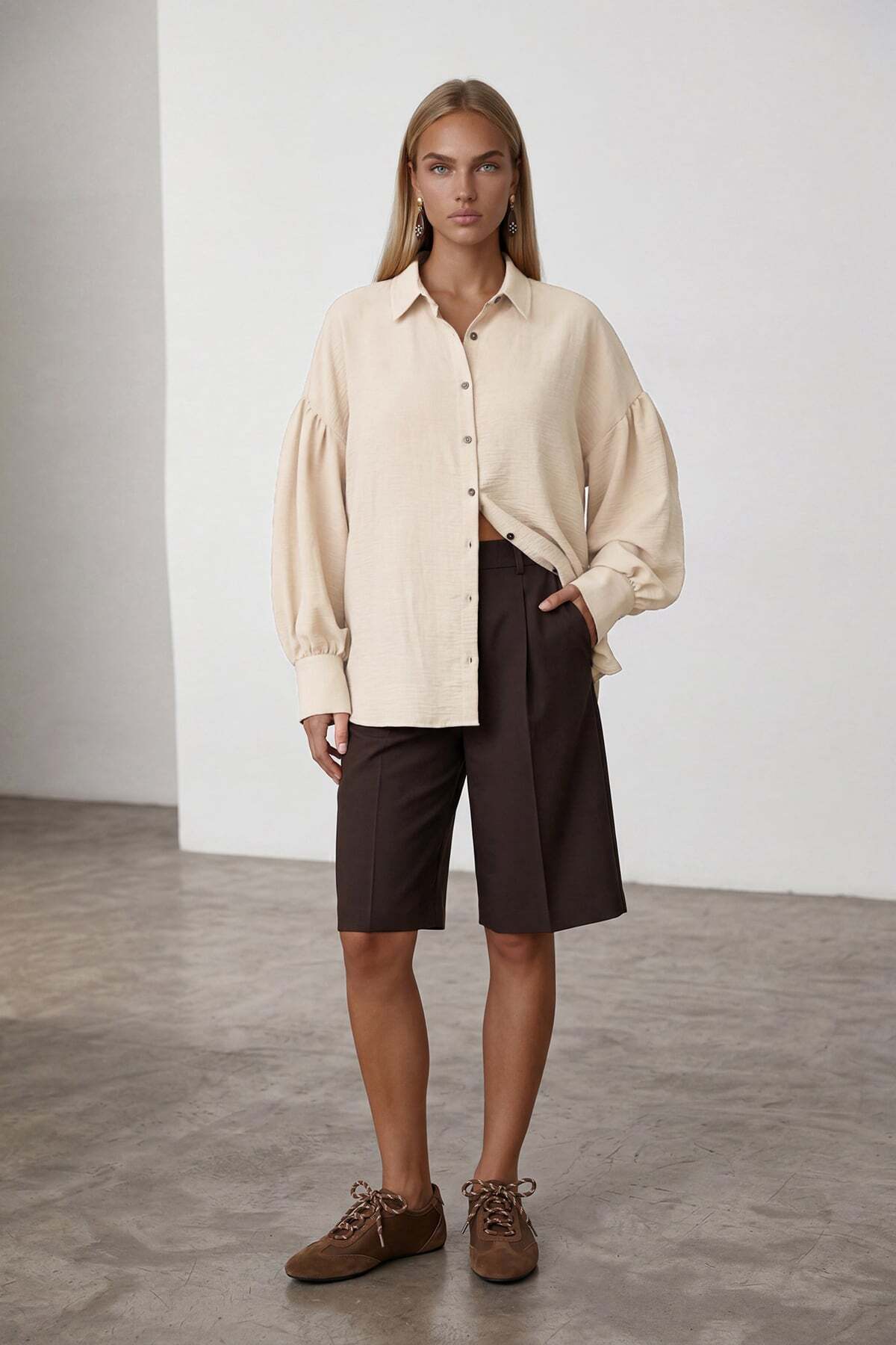 Vanilla Balloon Sleeve Wide Cuffed Oversized Linen Shirt ALC-X15426