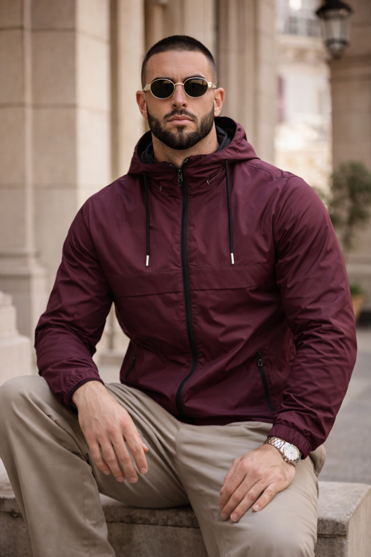 کت بارانی و بادشکن مردانه شیک و مد روز کلاهدار بورگوندی — زرشکی Hacker-1-E0210-12 — تصویر 4 از 6