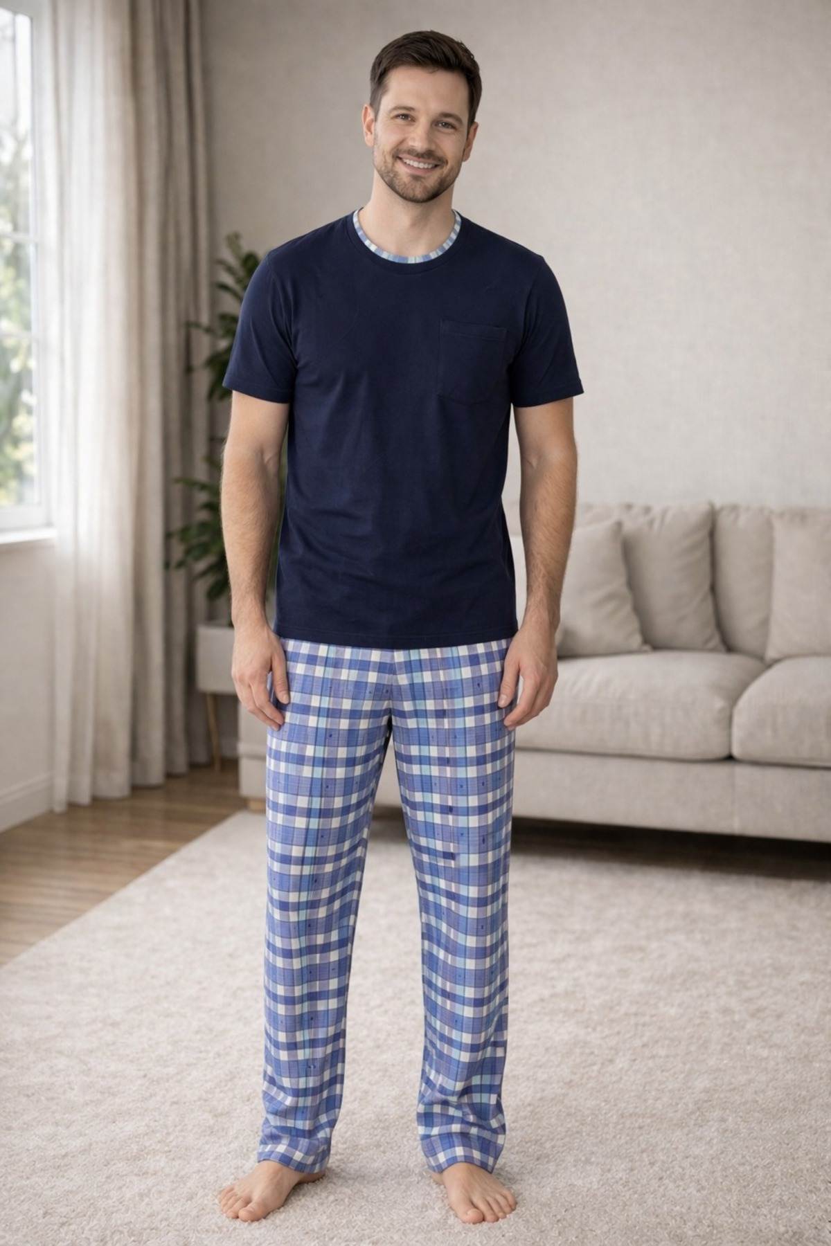 rindahomewear Lacivert Kısa Kol Baba-Oğul Cepli Pijama Takım görsel 4