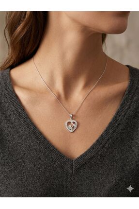 Metay Silver Zirkon Taşlı Anne Kız Kalp İçerisinde 925 Ayar Gümüş Kolye