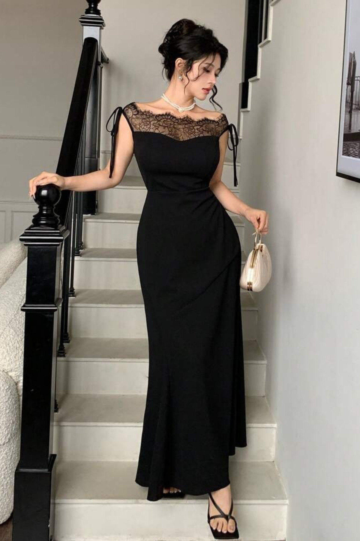 New Season Women's Elegant Lace Detailed Boat Neck Long Evening Dress