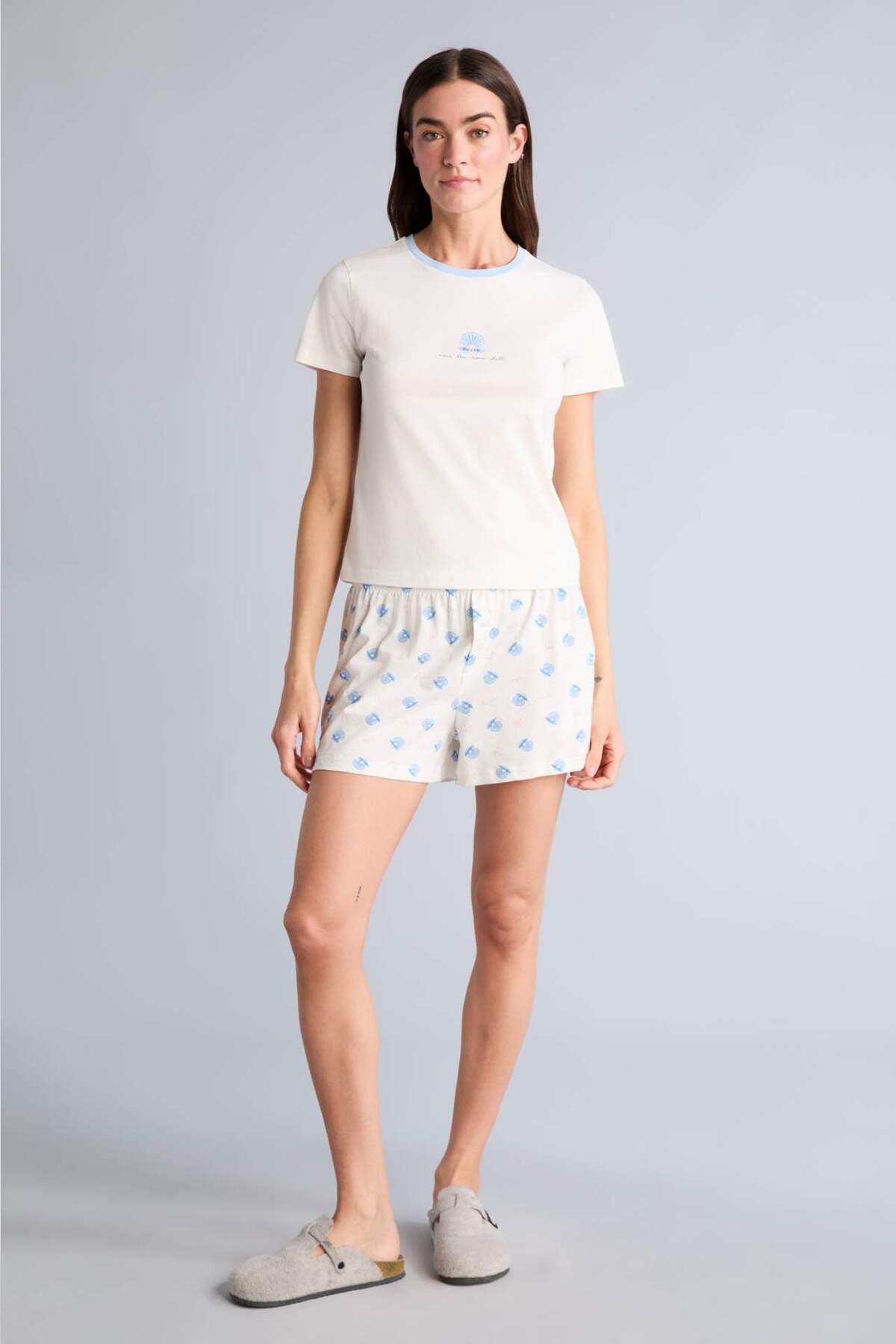 Defacto 100% Cotton New Regular Fit Navy Blue Short Sleeve Crew Neck Plaid Shorts 2-Piece Set G8224Ax26Sm